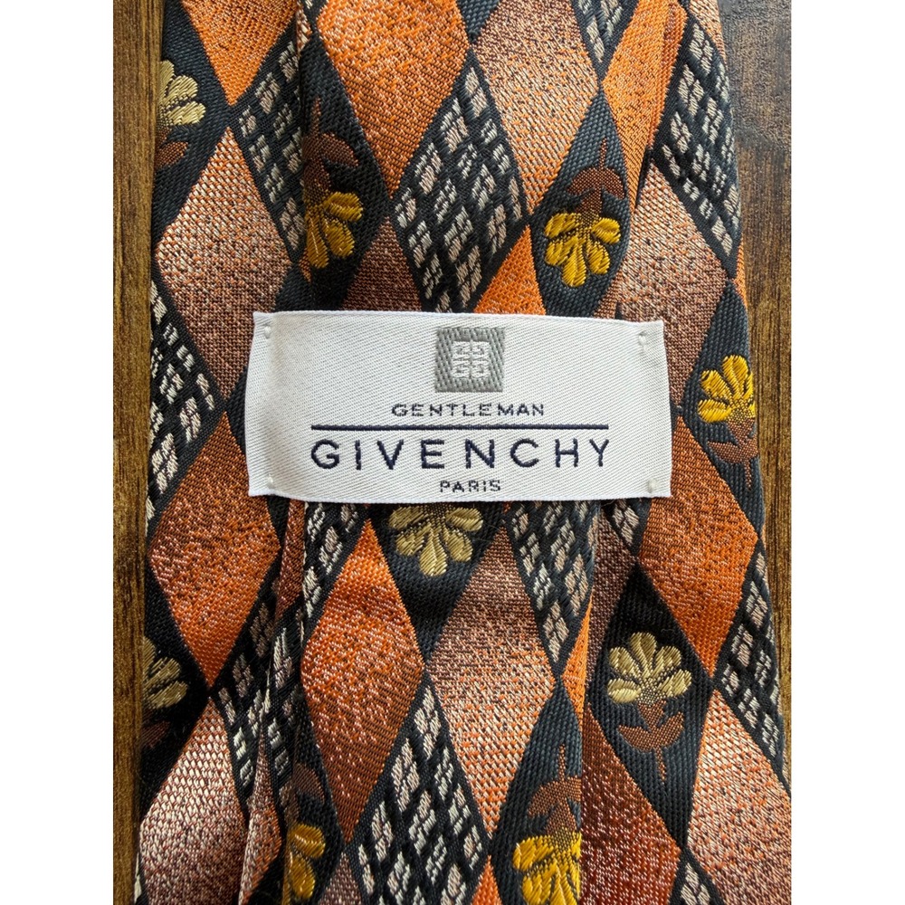 Givenchy Gentleman Paris Vintage Silk Tie Orange Brown Harlequin Floral Diamond
